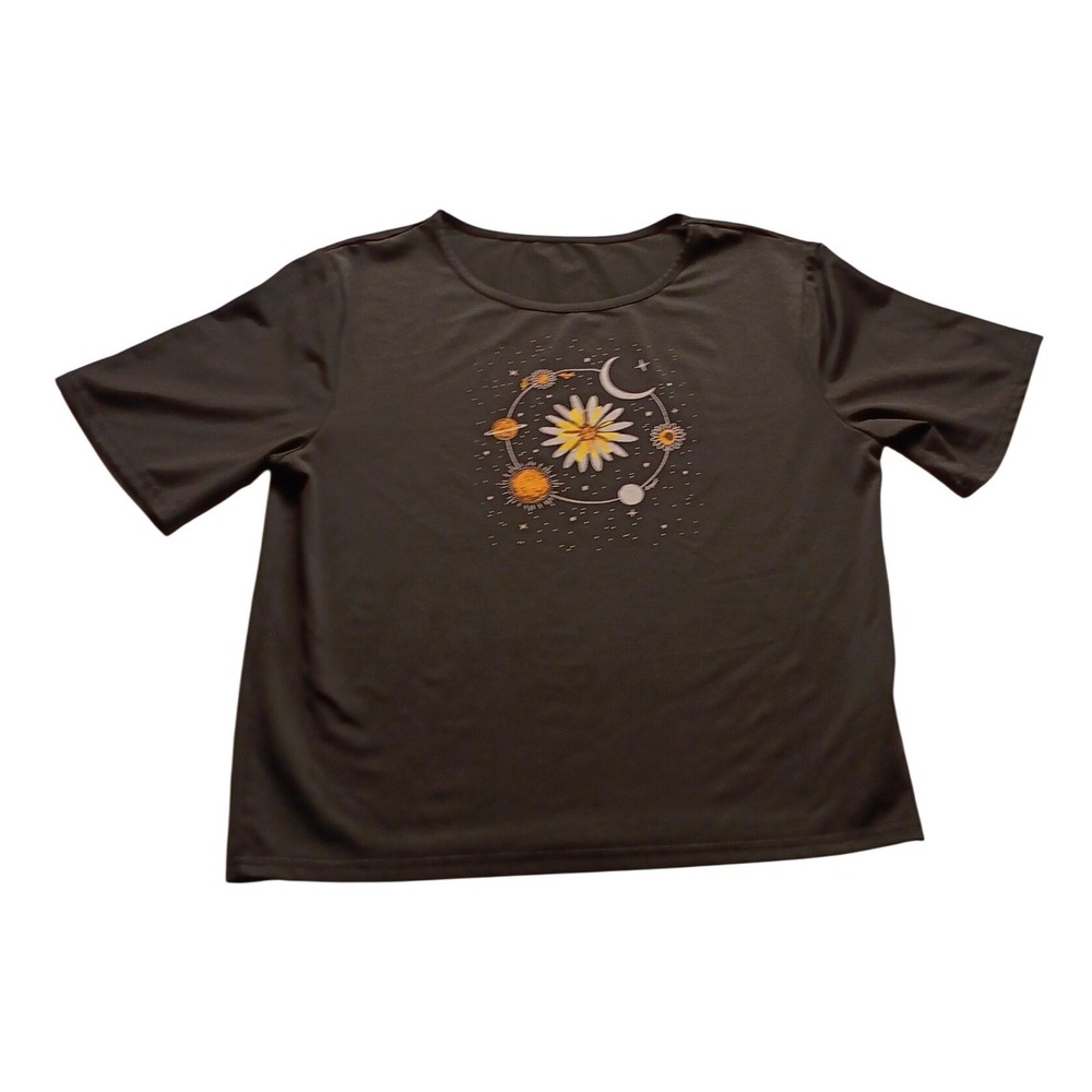 Unbranded Graphic Tee Women's Celestial Daisy Sun Moon Black M Short Slv Shirt